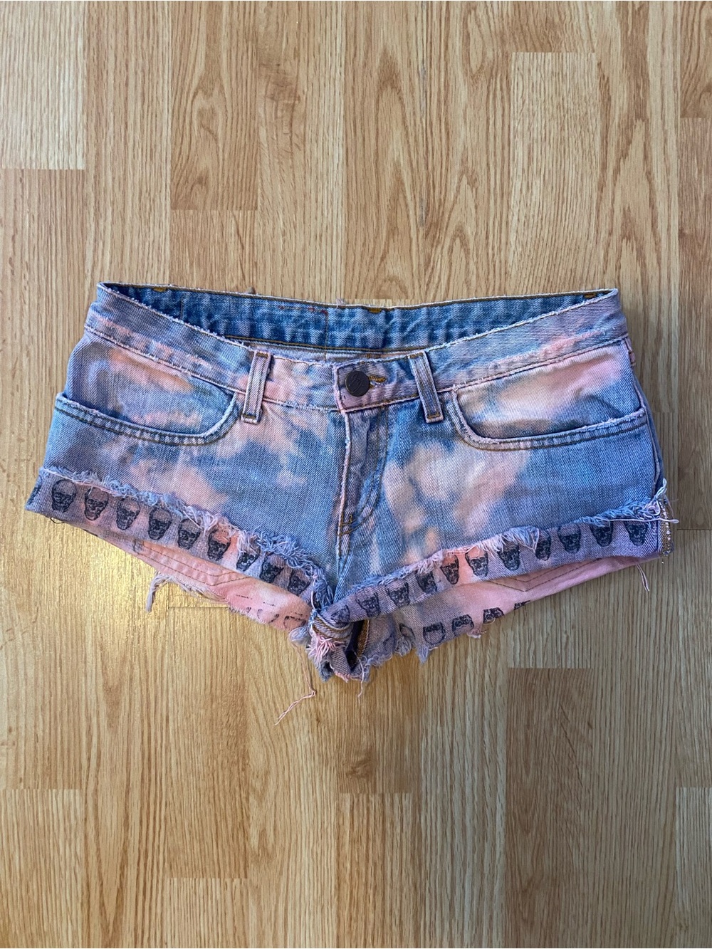 Tie-Dye Denim Cutoff Shorts with Skull Print
